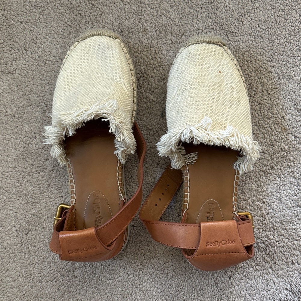 See By Chloe Cream and Brown Espadrille Flats